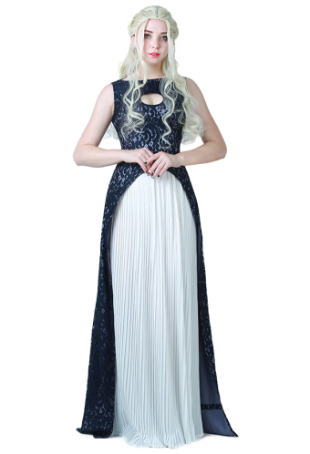 Gothic Medieval Elegant Queen Bride Dress Blue and White Chiffon Chest Open Sleeveless Dress Gown Halloween Costume
