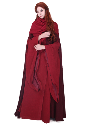 Women Victorian Evil Powerful Witch Dress Gown Gothic Red Cotton V Neck Dress Halloween Costume with Mantle
