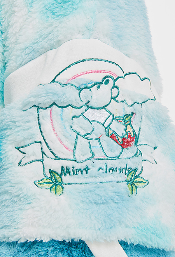 Mint Cloud Women Cute White Blue Dog Embroidery Hoodie with Detachable Furry Cat Paw Bag