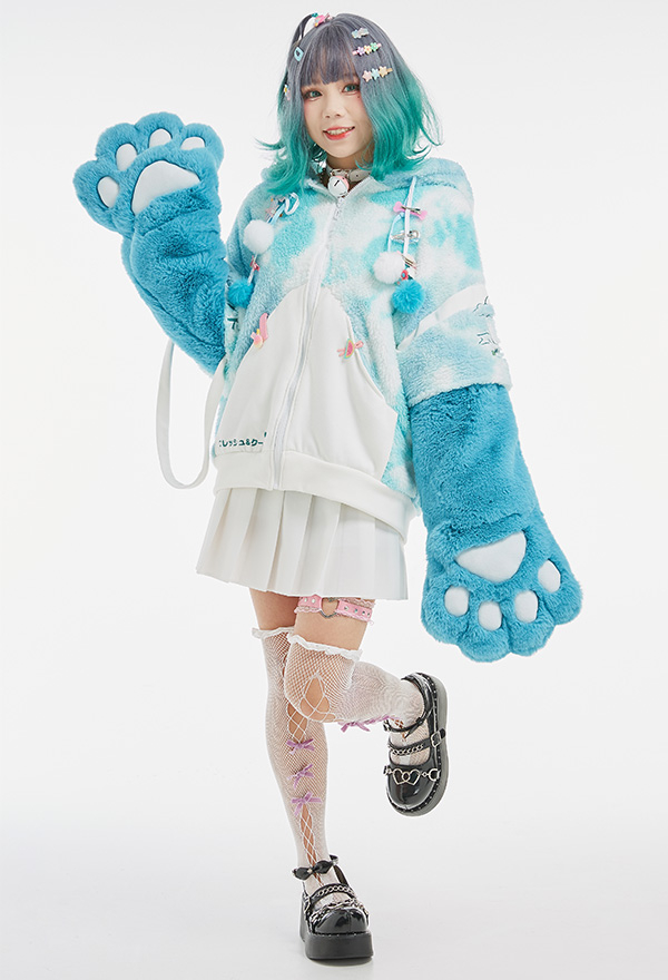 Mint Cloud Women Cute White Blue Dog Embroidery Hoodie with Detachable Furry Cat Paw Bag