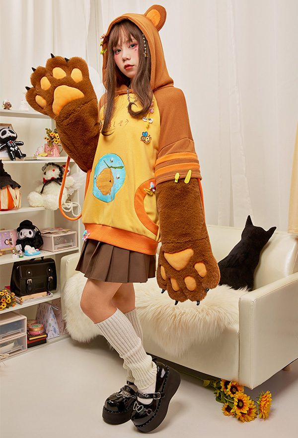 Honey Bear Women Cute Yellow Brown Bee Embroidery Hoodie with Detachable Furry Cat Paw Bag
