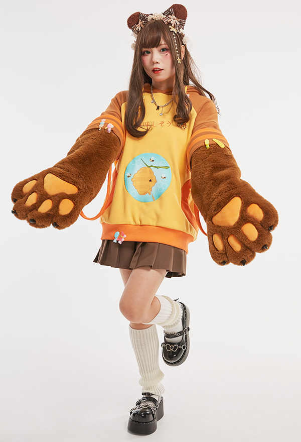 Honey Bear Women Cute Yellow Brown Bee Embroidery Hoodie with Detachable Furry Cat Paw Bag