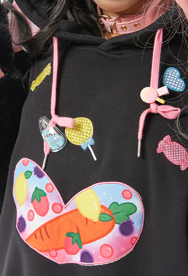 Lolipop Bunny Women Cute Black Carrot Pattern Hoodie with Detachable Furry Cat Paw Bag