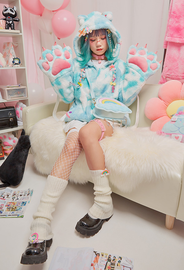 Psychedelic Cloud Women Cute Blue Plush Hoodie with Detachable Furry Cat Paw Bag