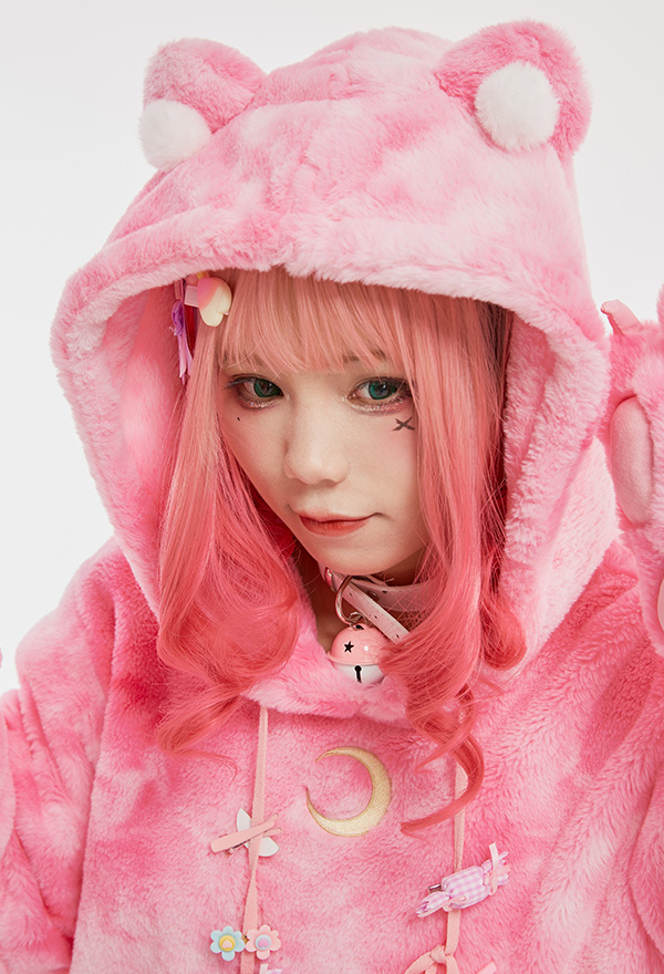 Strawberry Dream Women Cute Pink Moon Embroidery Hoodie with Detachable Furry Cat Paw Bag