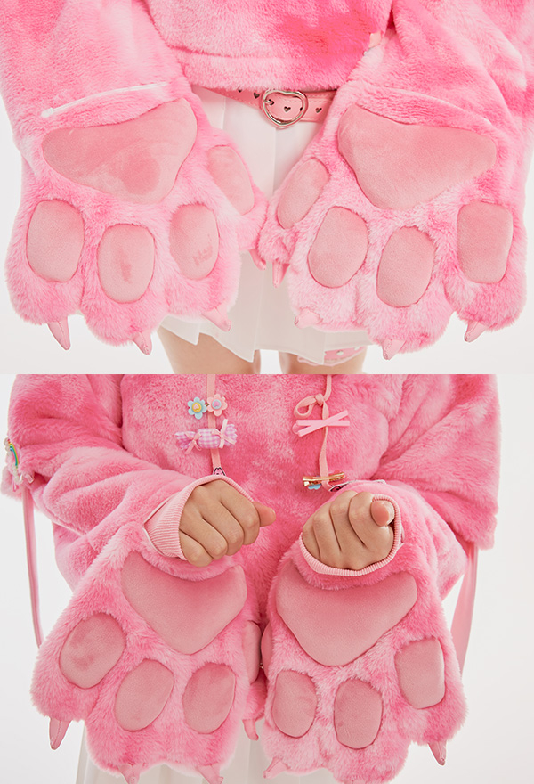 Strawberry Dream Women Cute Pink Moon Embroidery Hoodie with Detachable Furry Cat Paw Bag