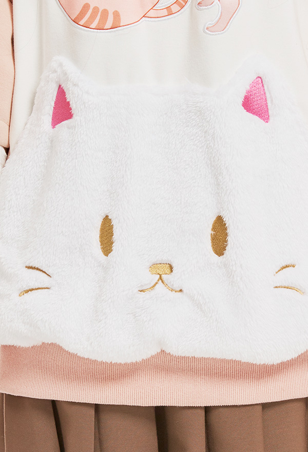 Women Cute White Kitten Pattern Hoodie with Detachable Furry Cat Paw Bag