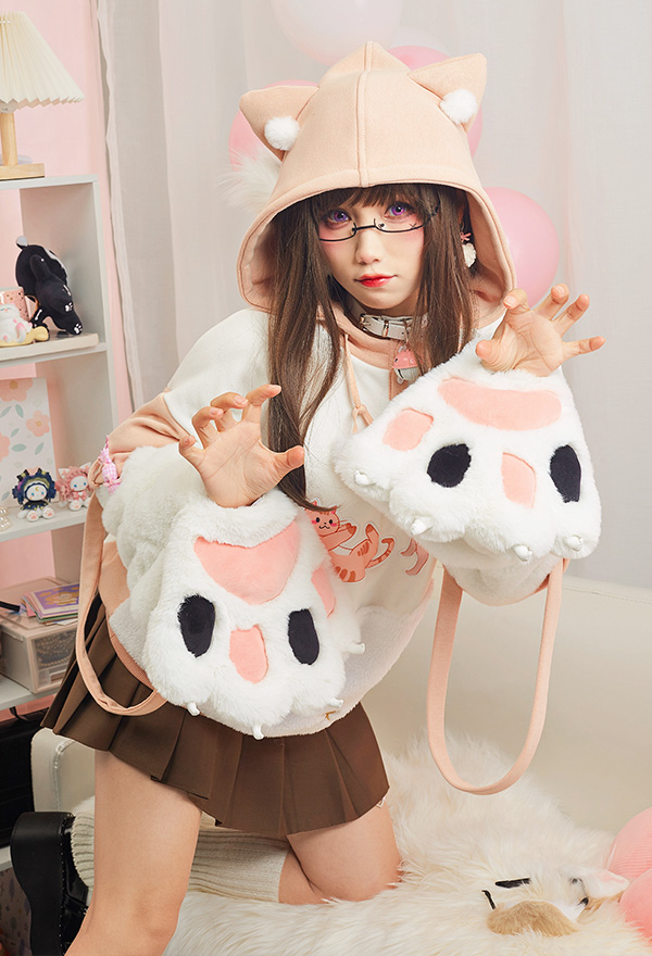 Women Cute White Kitten Pattern Hoodie with Detachable Furry Cat Paw Bag