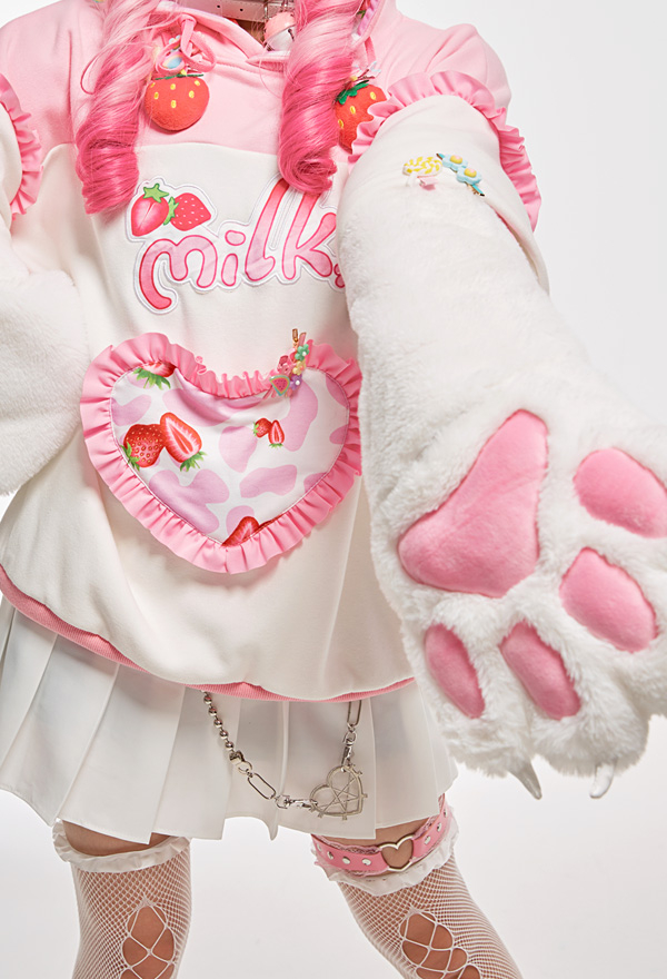 Women Cute Strawberry Milk Plush Cat Paw Hoodies Pink Graphic Furry Pullover Hoodies with Detachable Bag
