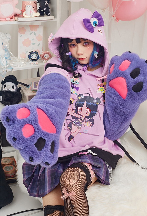 Women Cute Plush Cat Paw Hoodies Pastel Eyeball Pattern Graphic Furry Pullover Hoodies with Detachable Bag