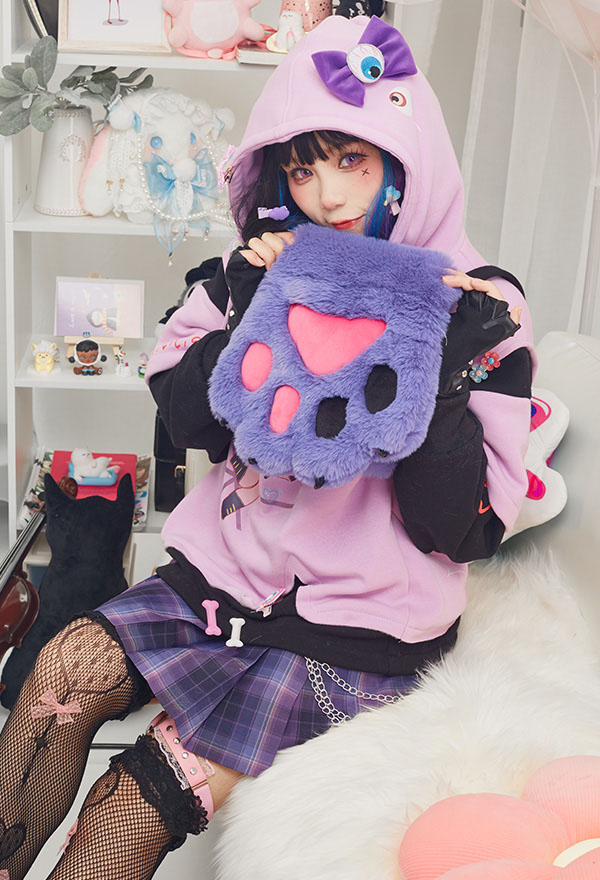 Women Cute Plush Cat Paw Hoodies Pastel Eyeball Pattern Graphic Furry Pullover Hoodies with Detachable Bag