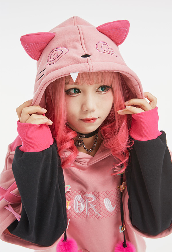 Women Cute Plush Sleeping Cat Paw Hoodies Pastel Character Pattern Graphic Furry Pullover Hoodies with Detachable Bag