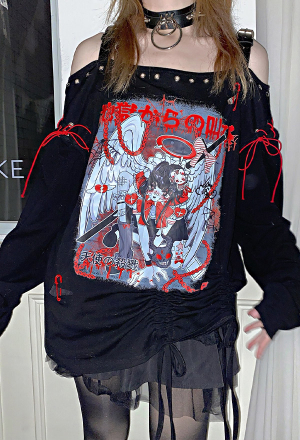 Women Gothic Printed Off Shoulder Crisscross Long Sleeve Shirt