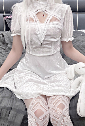Women Gothic White High Neck Cutout Puff Sleeve A-Line Dress