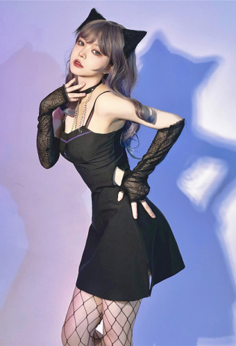 Women Gothic Black Chain Collar Waist Cutout Sling Dress