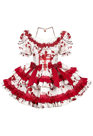 Bloody Rose Women Gothic White Red Lace Ruffles Dress
