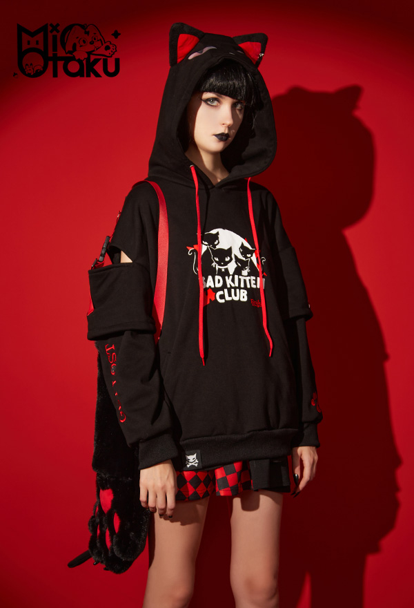Emily the Strange Black Red Graphic Halloween Costume Bad Kitten Club Cat Pullover Hoodie with Paw Gloves