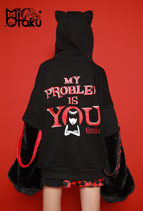 Emily the Strange Black Red My Problem Is You Print Zip Up Halloween Costume Cat Hoodie with Paw Gloves