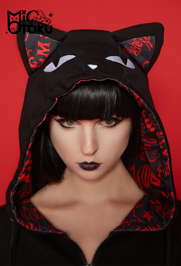 Emily the Strange Black Red My Problem Is You Print Zip Up Halloween Costume Cat Hoodie with Paw Gloves