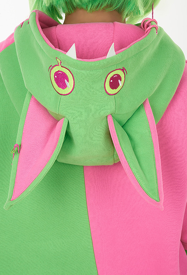 Women Cute Pink Green Contrast Color Cat Ear Hoodie with Detachable Furry Paw Bag