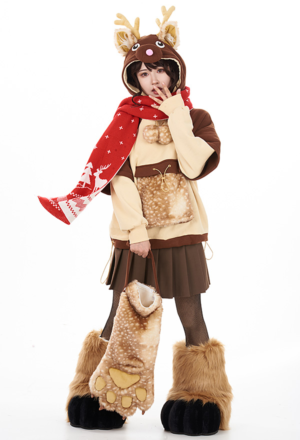 Women Christmas Cute Brown Reindeer Design Hoodie with Detachable Furry Paw Bag and Scarf