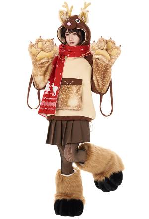 Women Christmas Cute Brown Reindeer Design Hoodie with Detachable Furry Paw Bag and Scarf
