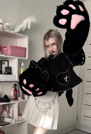 Women Gothic Black Rabbits Ear Shape Hooded Sweatshirt with Furry Cat Paw Bag