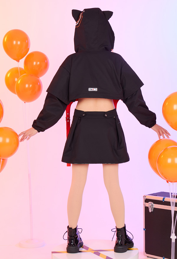 Women Gothic Cyberpunk Black Orange Cat Ear Shape Hooded Jacket Skirt Set with Furry Cat Paw Bag