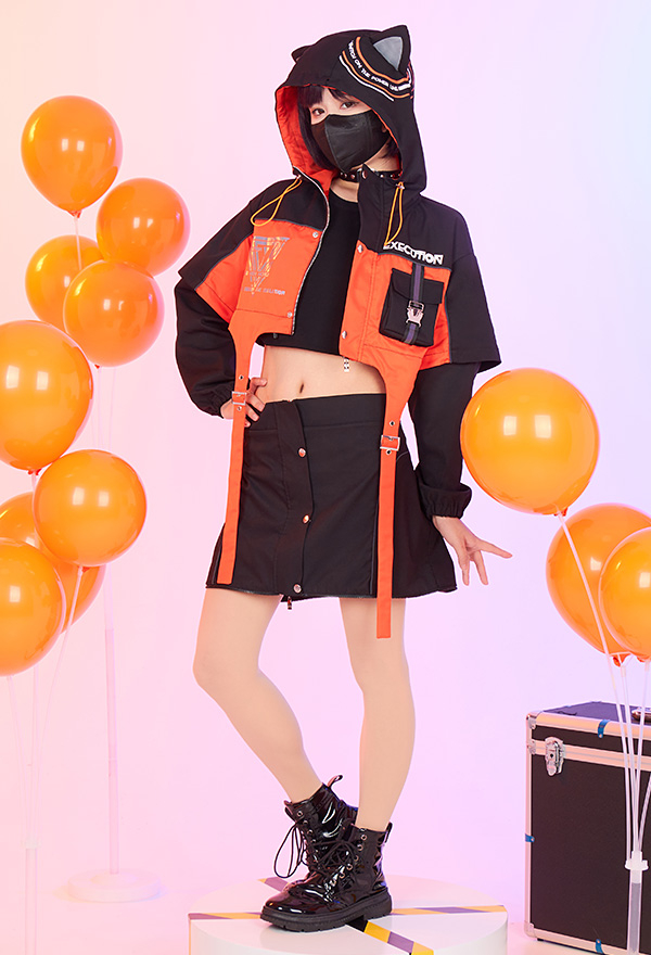 Women Gothic Cyberpunk Black Orange Cat Ear Shape Hooded Jacket Skirt Set with Furry Cat Paw Bag