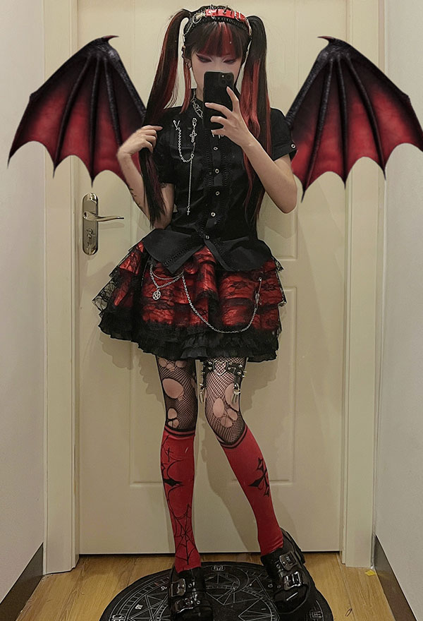 Women Gothic Emo Girl Black Red Lace Chain Decorated High Waist Tutu Skirt