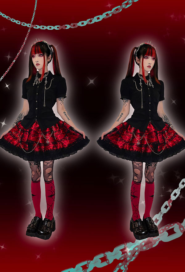 Women Gothic Emo Girl Black Red Lace Chain Decorated High Waist Tutu Skirt