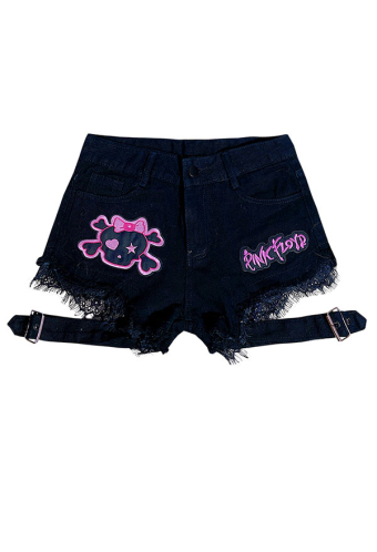 Women Grunge Black Skull Embroidery Y2K Lace Hem Shorts