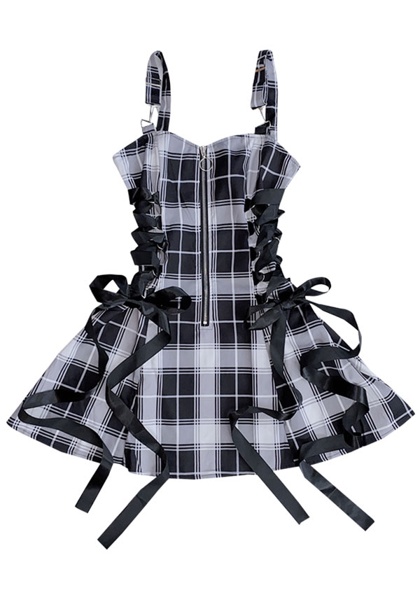 Women Grunge Style Black Plaid Pattern Y2K Lace-up A-line Cami Dress