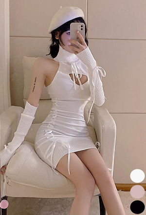 Egirl Women Sexy Turtle Collar Halter Cutout Sleeveless Lace-up Knitted Tube Dress with Sleeves
