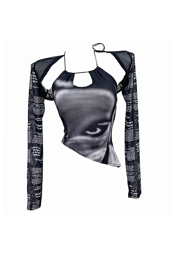 Women Gothic Black Halter Cutout Crop Cami and Long Sleeve Shrug Top Set