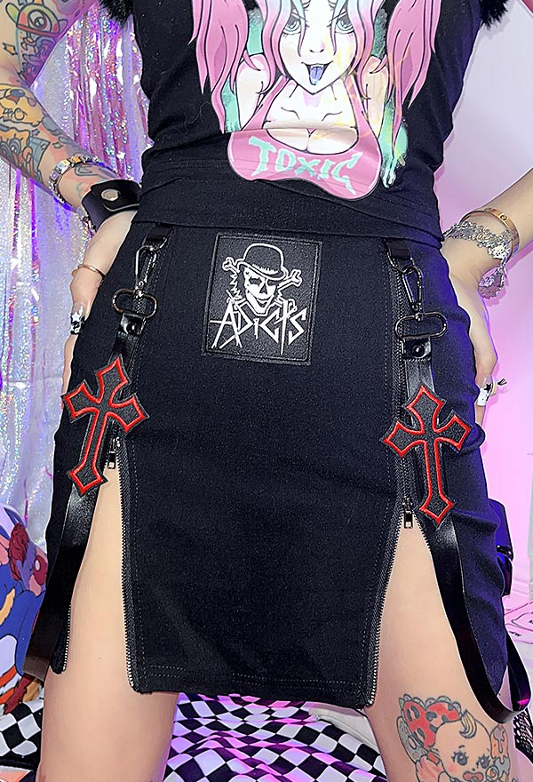 Women Gothic Black Double Zipper Leather Cross Pendant Decorated Bodycon Tube Skirt