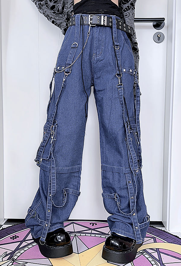 Women Grunge Y2K Blue High-Waist Straps Decorated Damin Loose Pants