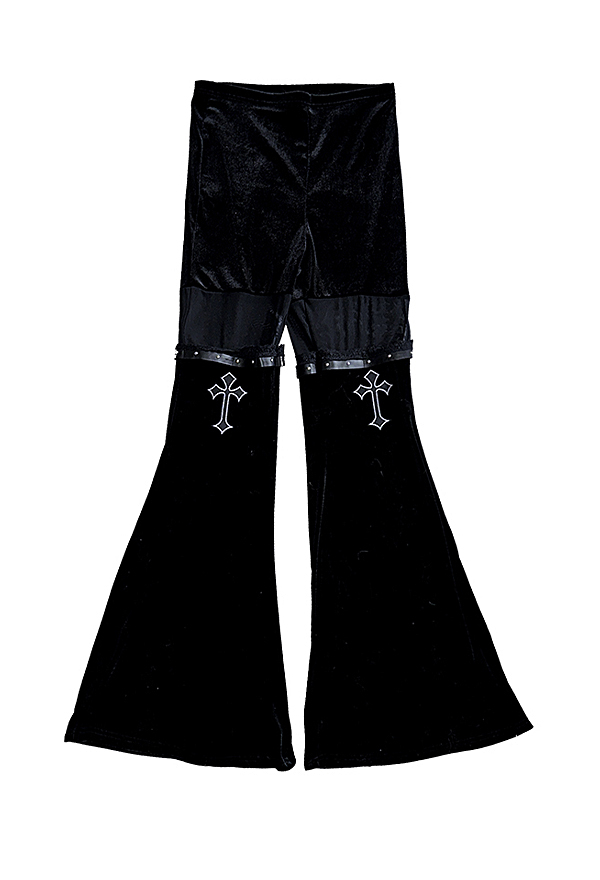 Women Gothic Sexy Black Patchwork High-Waist Cross Decorated Velvet Flared Pants