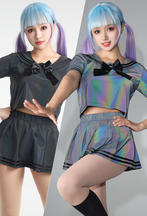 Y2K Women Egirl Japanese Style Dark Gray Sailor Top and Pleated Skirt JK Uniform Reflective Clubwear