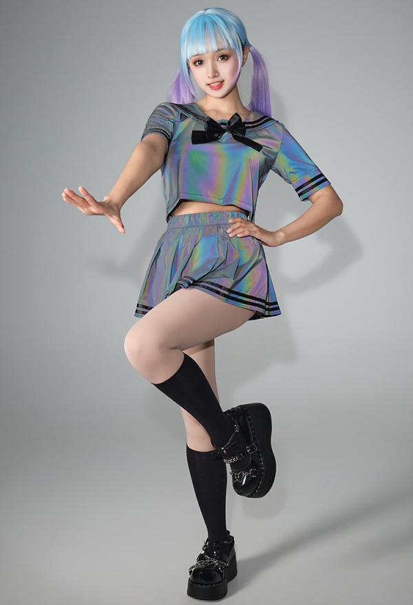 Y2K Women Egirl Japanese Style Dark Gray Sailor Top and Pleated Skirt JK Uniform Reflective Clubwear