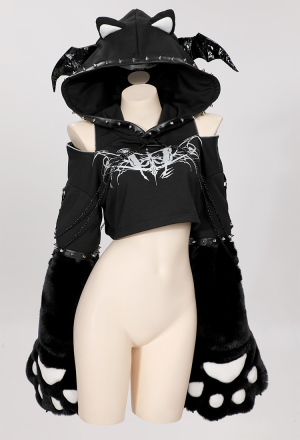 Dark Rebellion Gothic Dark Bat Wings Style Hoodie with Chains and Fuzzy Paws
