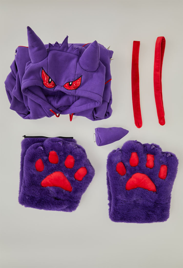 Dark Shade Gothic Paw Hoodie Purple Phantom Print Hoodie with Ears and Tail