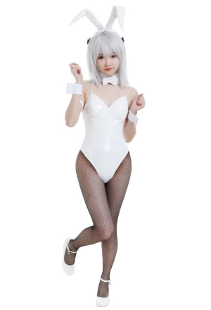 Kawaii Bunny Girl Glamorous One Piece Bodysuit White PU Leather Backless Bow Collar Decorated Bodysuit with Rabbit Ear and Pantyhose