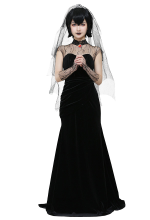 Gothic Halloween Vampire Bridal Wedding Dress Elegant Black Velvet Gown Cosplay Costume with Gloves and Crown