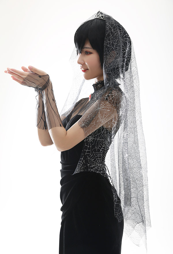 Gothic Halloween Vampire Bridal Wedding Dress Elegant Black Velvet Gown Cosplay Costume with Gloves and Crown