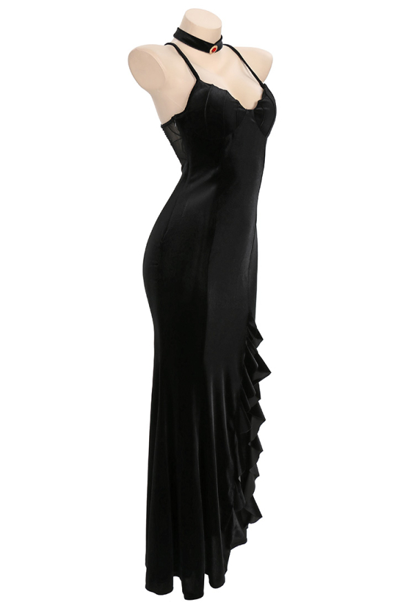 Halloween Vampire Wedding Dress Gothic Black Spandex Back waist cobweb high fork Grace Bridal Gown with Gloves and Veil