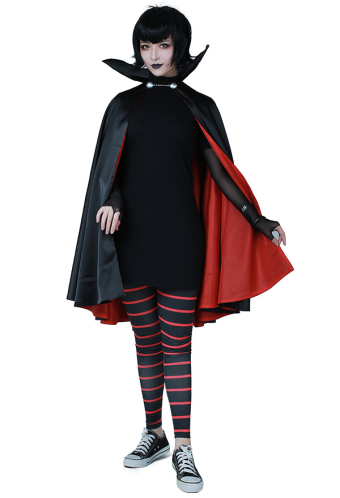 Gothic Evil Vampire Halloween Dress Dark Style Black Knit Dress with Striped Pantyhose and Cloak
