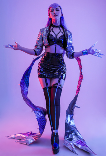 Evening Evelynn KDA Women Reflective Leather Cosplay Costume with Bracelet and Ankle Ring