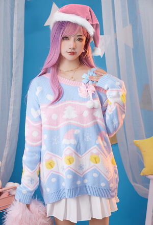 Women Cute Blue Pink Off-Shoulder Bowknot Decorated Knitted Sweater