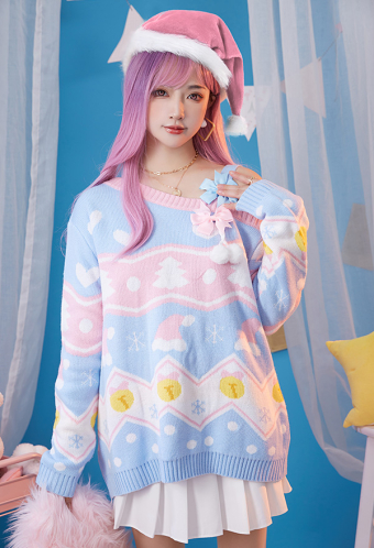 Women Cute Blue Pink Off-Shoulder Bowknot Decorated Knitted Sweater